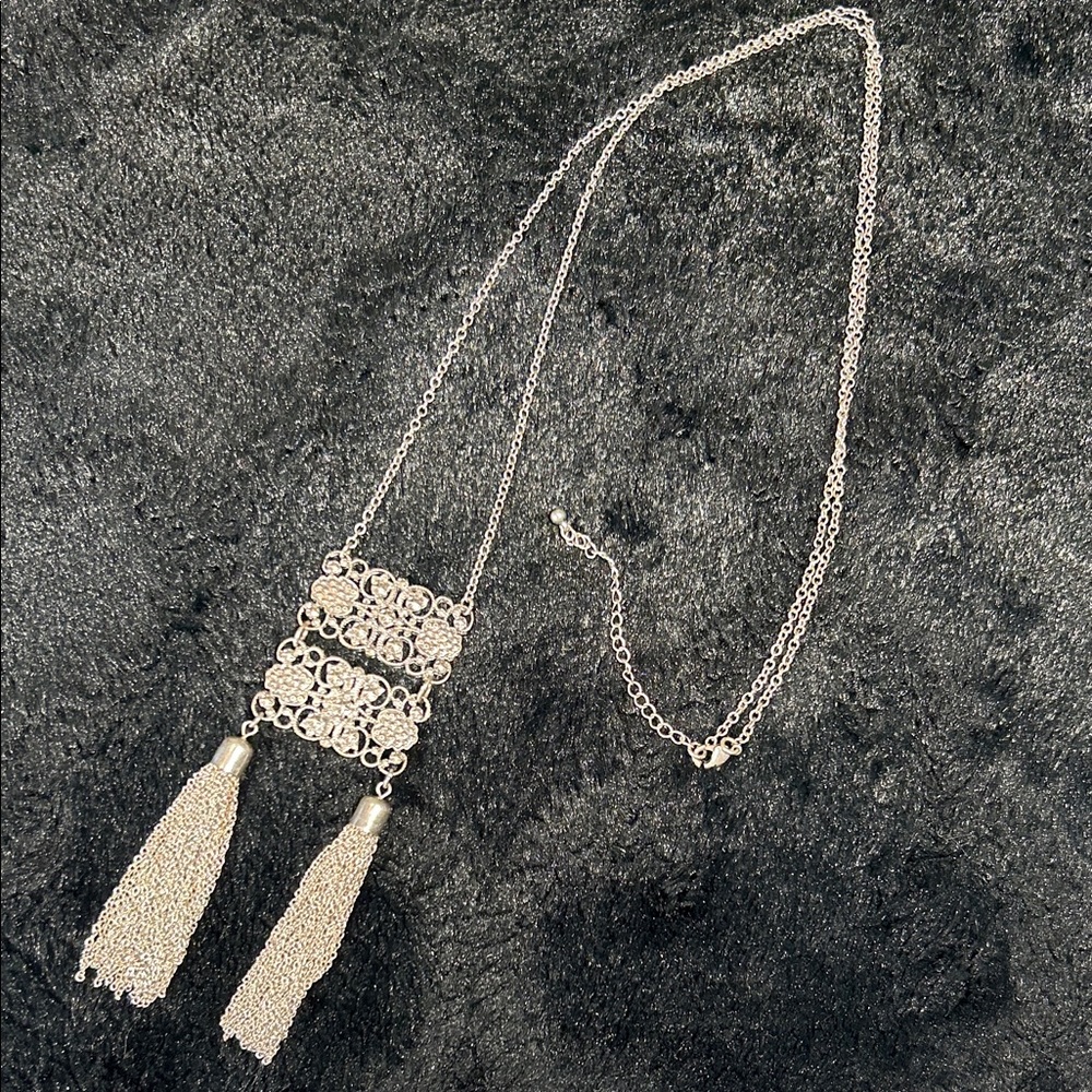 Vintage Silver Filigree Tassel Pendant Necklace - 36” with 3” extender